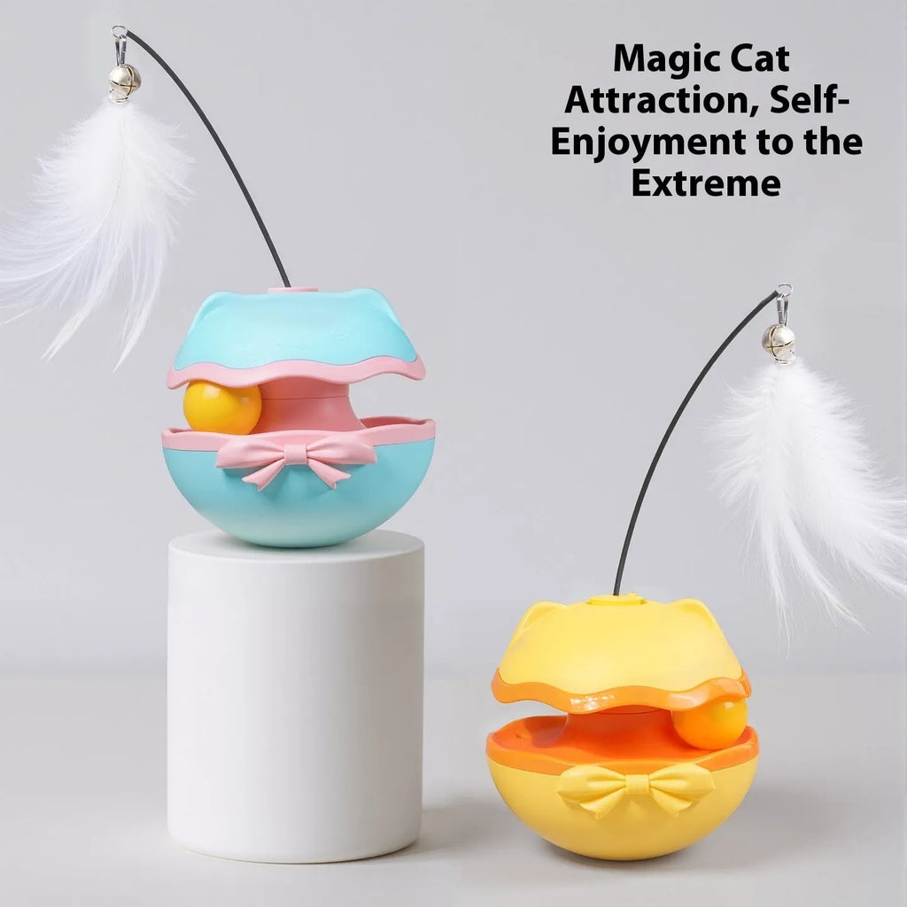 Electric cat toy tumbler teaser wand with LED lights in lemon yellow, sky blue, or soft fog grey.