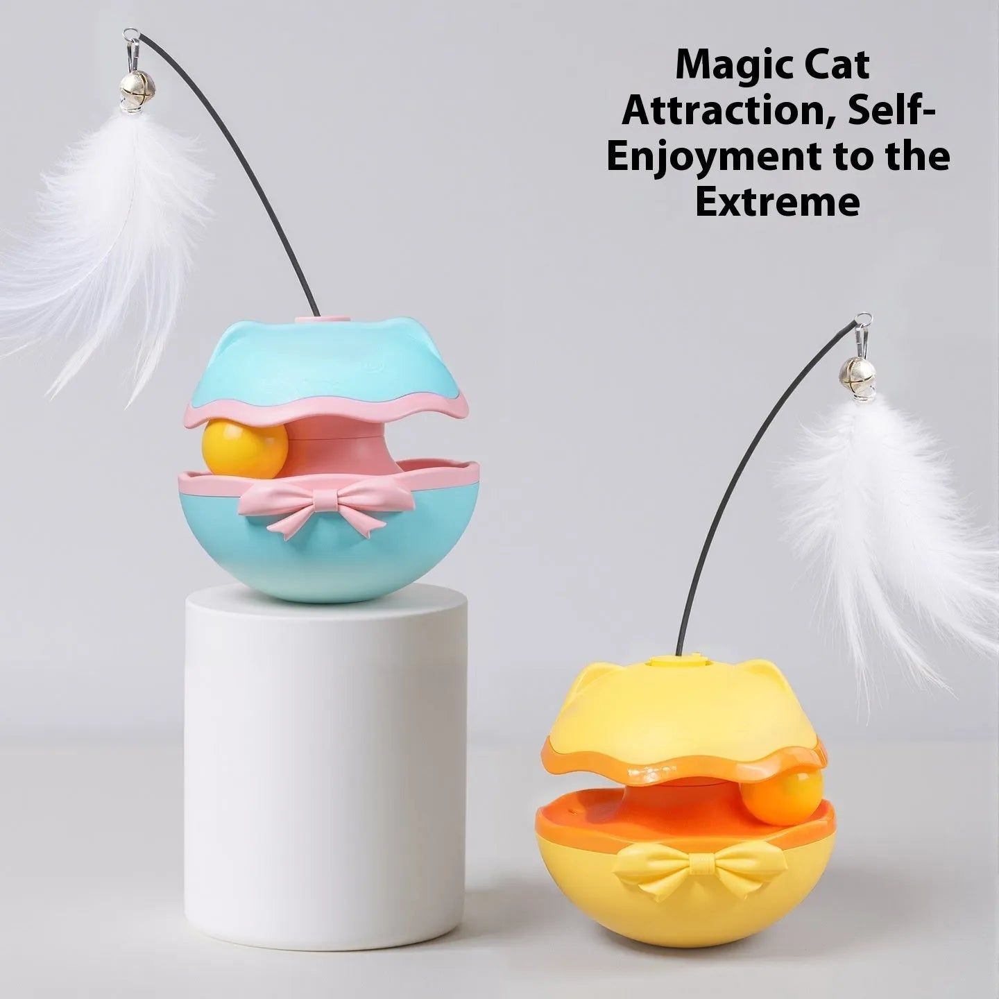 Electric cat toy tumbler teaser wand with LED lights in lemon yellow, sky blue, or soft fog grey.