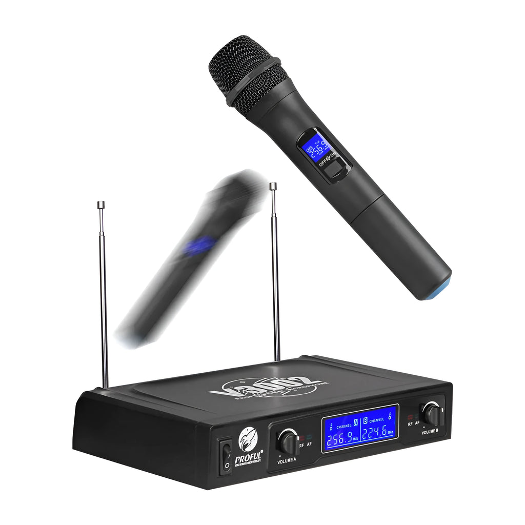 V-3002 dual handheld wireless microphone system with black microphones and compact transmitter unit