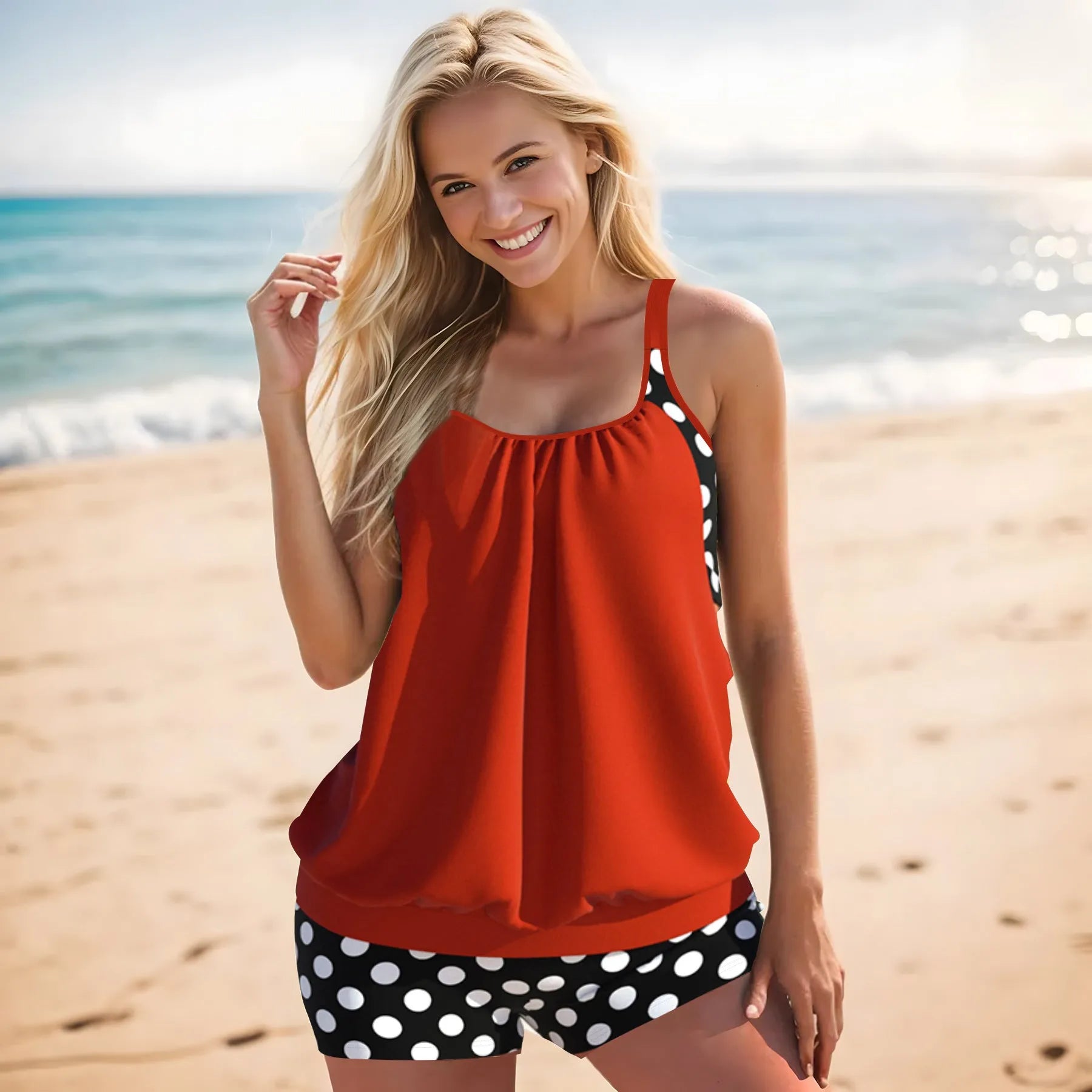 Women's black polka dot high-waist boxer swimsuit top and pants set on a mannequin.