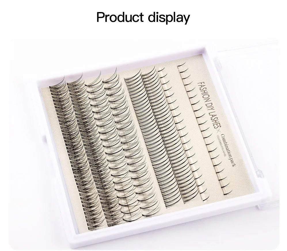 DIY false eyelash kit showing segmented cluster lashes, pink and black glue bottles, tweezers, and a brush applicator on a clean surface.
