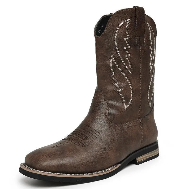 Men's retro western cowboy worker boots in brown, round toe PU leather with rubber sole, side view