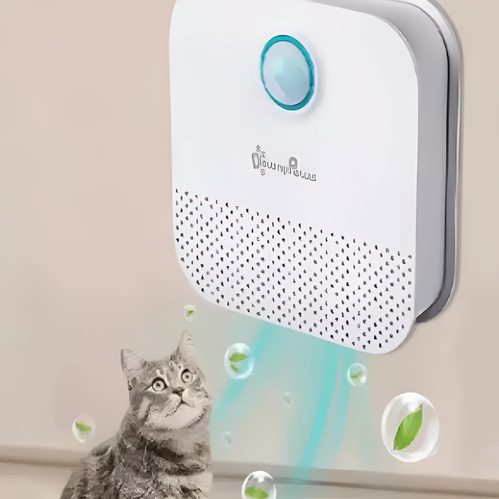 White DownyPaws smart cat odour purifier measuring 9.2x9.2x4cm with 4000mAh battery for litter box air purification
