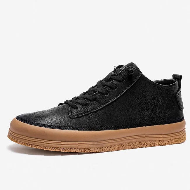 Men's black casual leather shoes with round toe and rubber soles displayed alongside white colour option