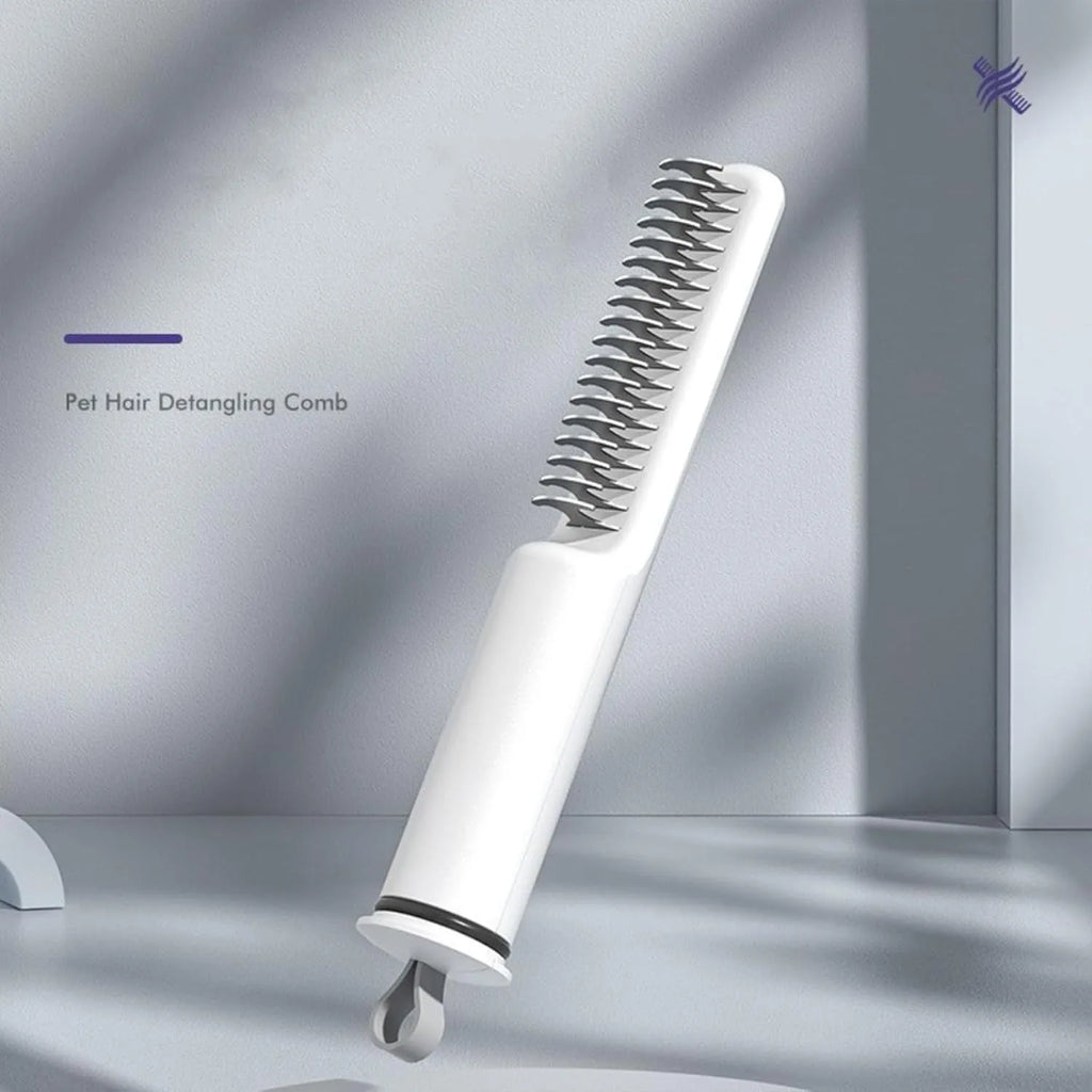 Stainless steel pet dematting comb with ergonomic handle for removing dog hair knots and mats.