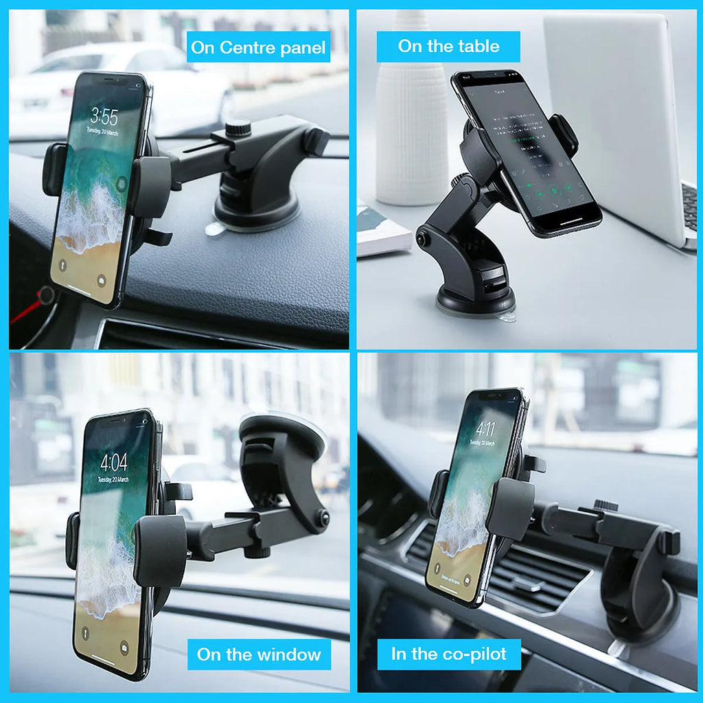 Black telescopic car phone holder with suction cup mount extended on a car dashboard.