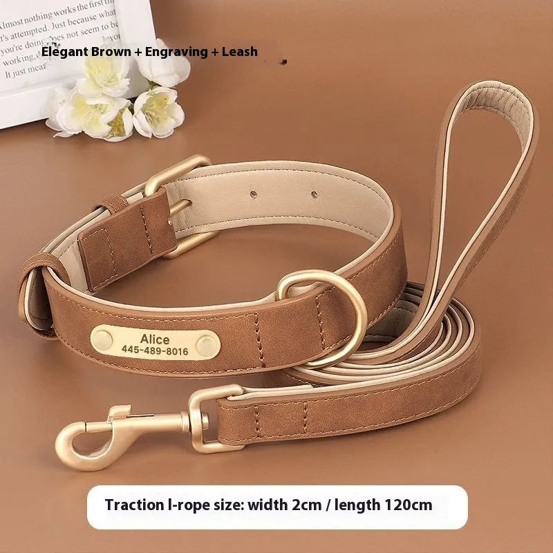 A rose red double-layer leather dog collar with a matching adjustable traction rope on a grey background.