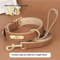 A rose red double-layer leather dog collar with a matching adjustable traction rope on a grey background.