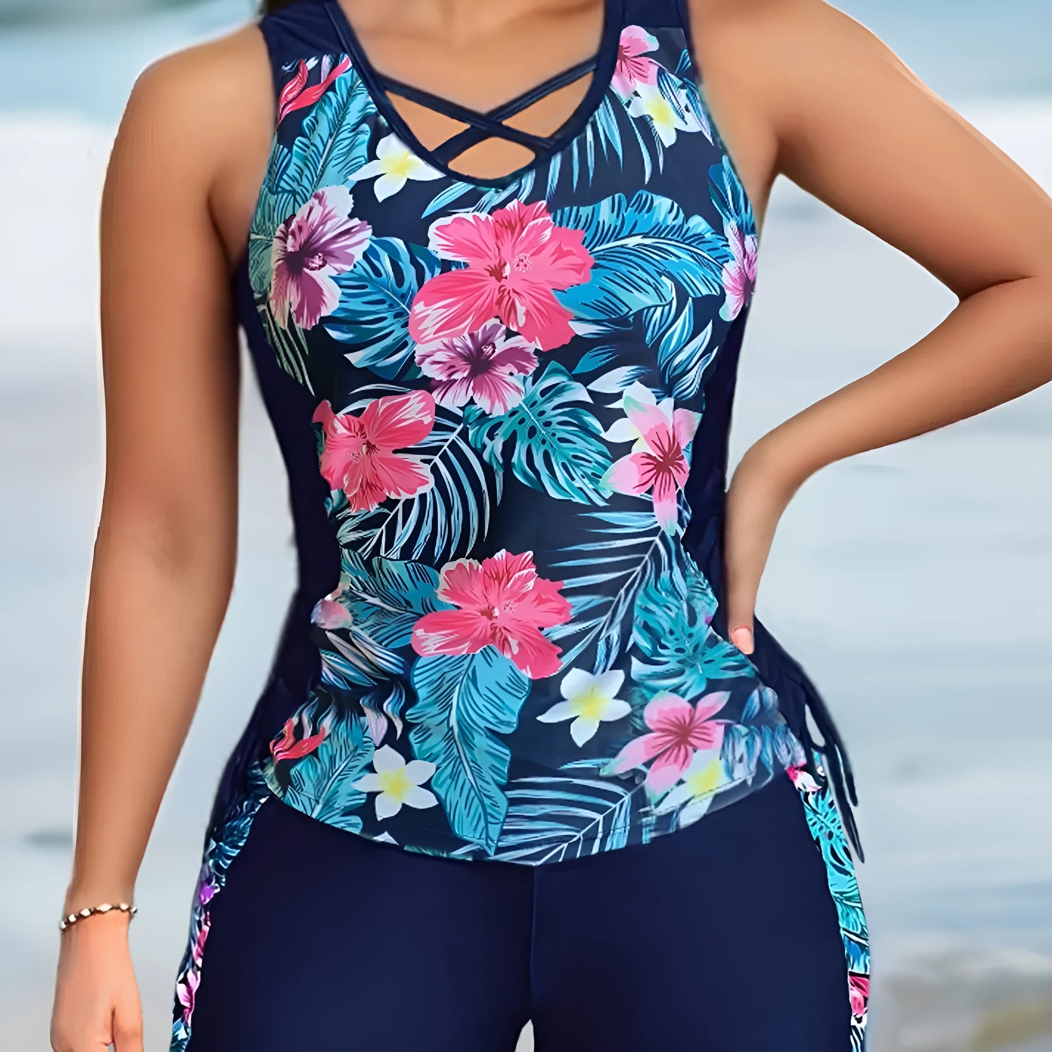 Plus size women's high waist floral print bikini swimsuit in navy blue colour