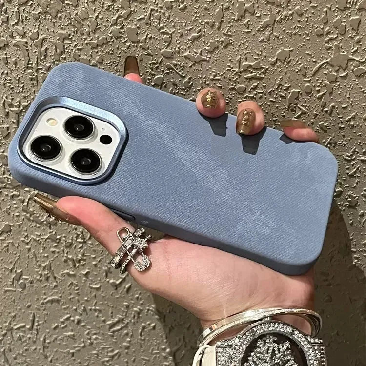 Magnetic leather drop-resistant flannel phone case in silver grey for iPhone.