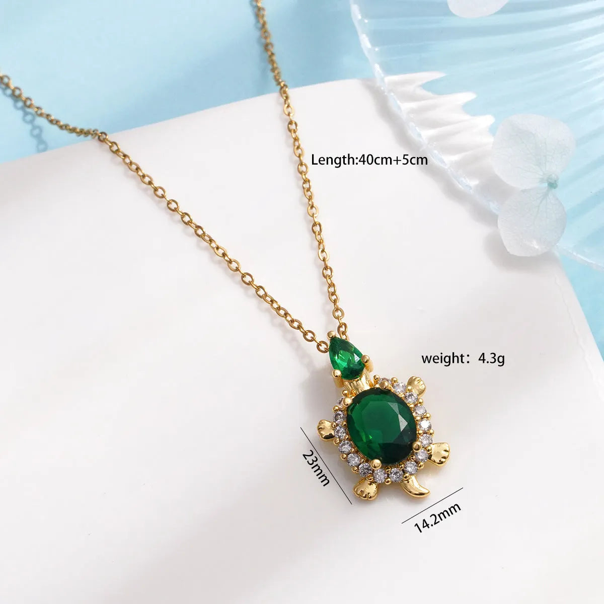Gold-plated copper sea turtle pendant necklace with mixed gemstone inlay and zirconium encrustation on titanium steel chain