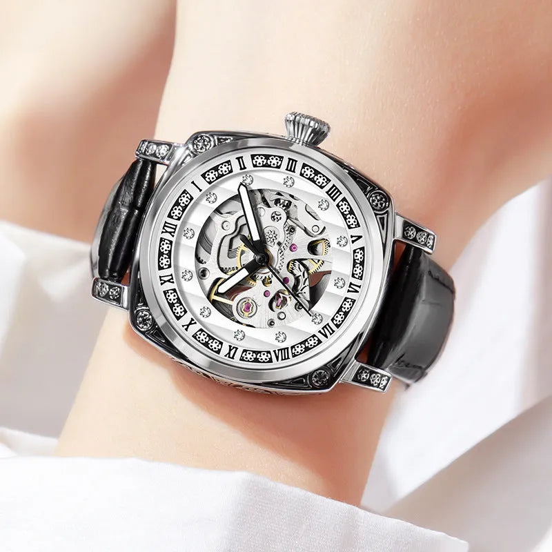 Mechanical wristwatch with luminous hands on leather strap in choice of colours
