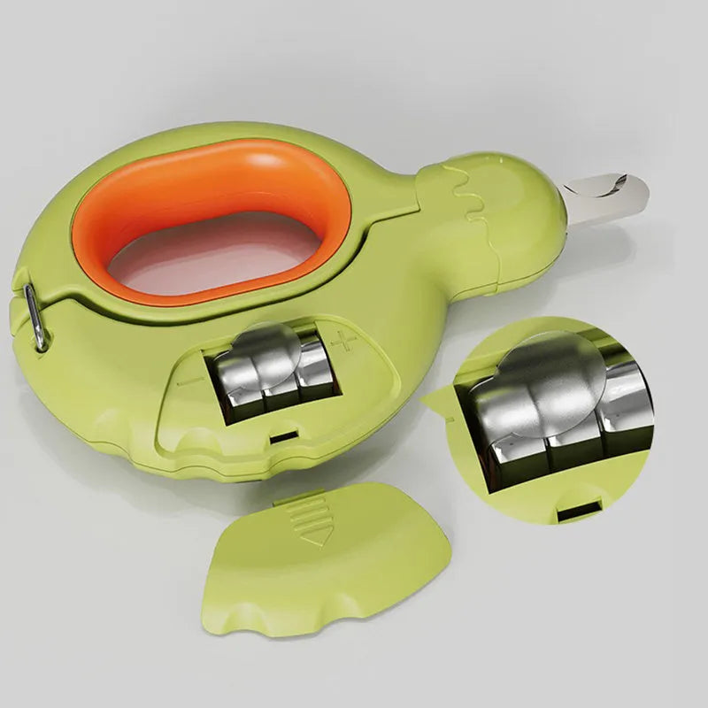 Blue pet nail clipper with LED light on, showing ergonomic handles and stainless steel blade.
