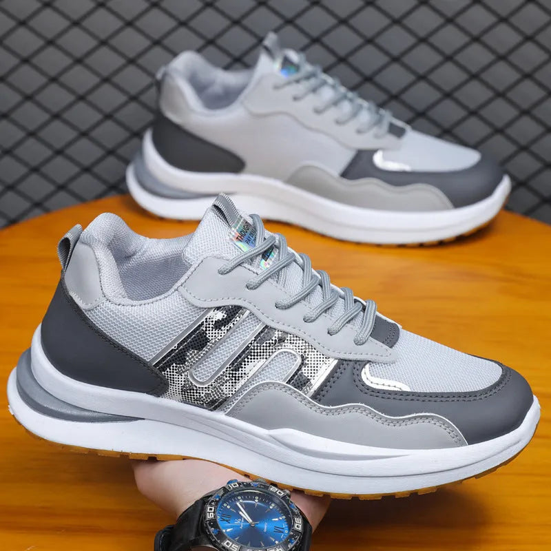 Plus size men's mesh breathable sports casual shoes in white green, black, or grey with leather toe holder