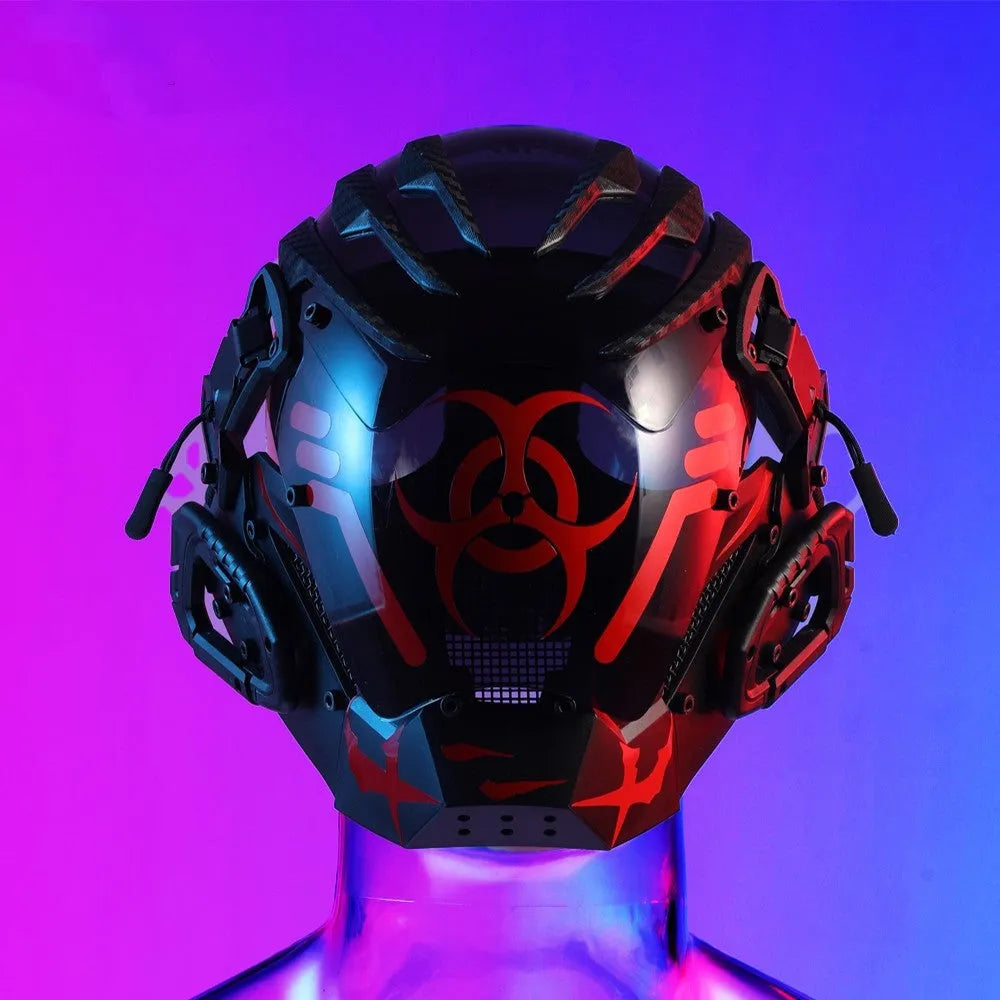 Black full face bioweapon themed prop helmet for cyberpunk cosplay.