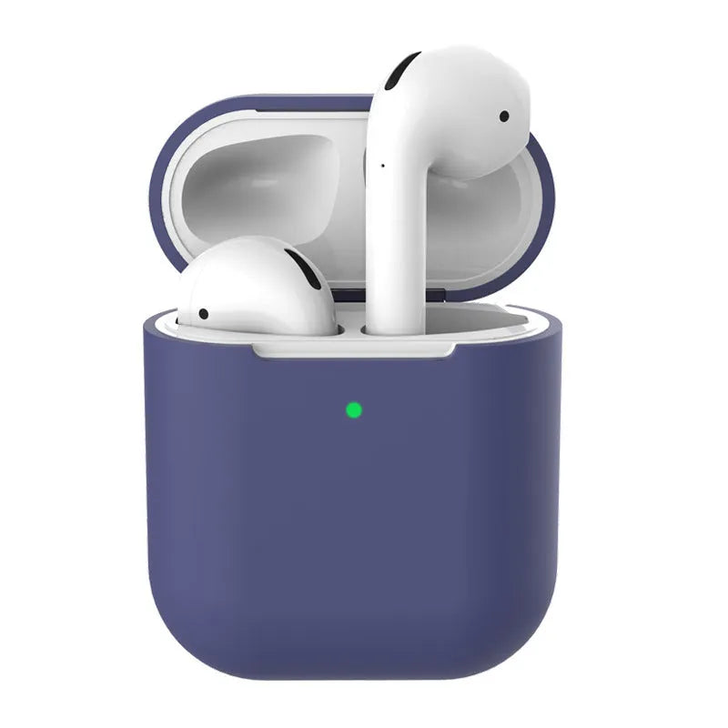 Silicone clamshell protector case for AirPods 2 wireless earphones shown in multiple colour options.