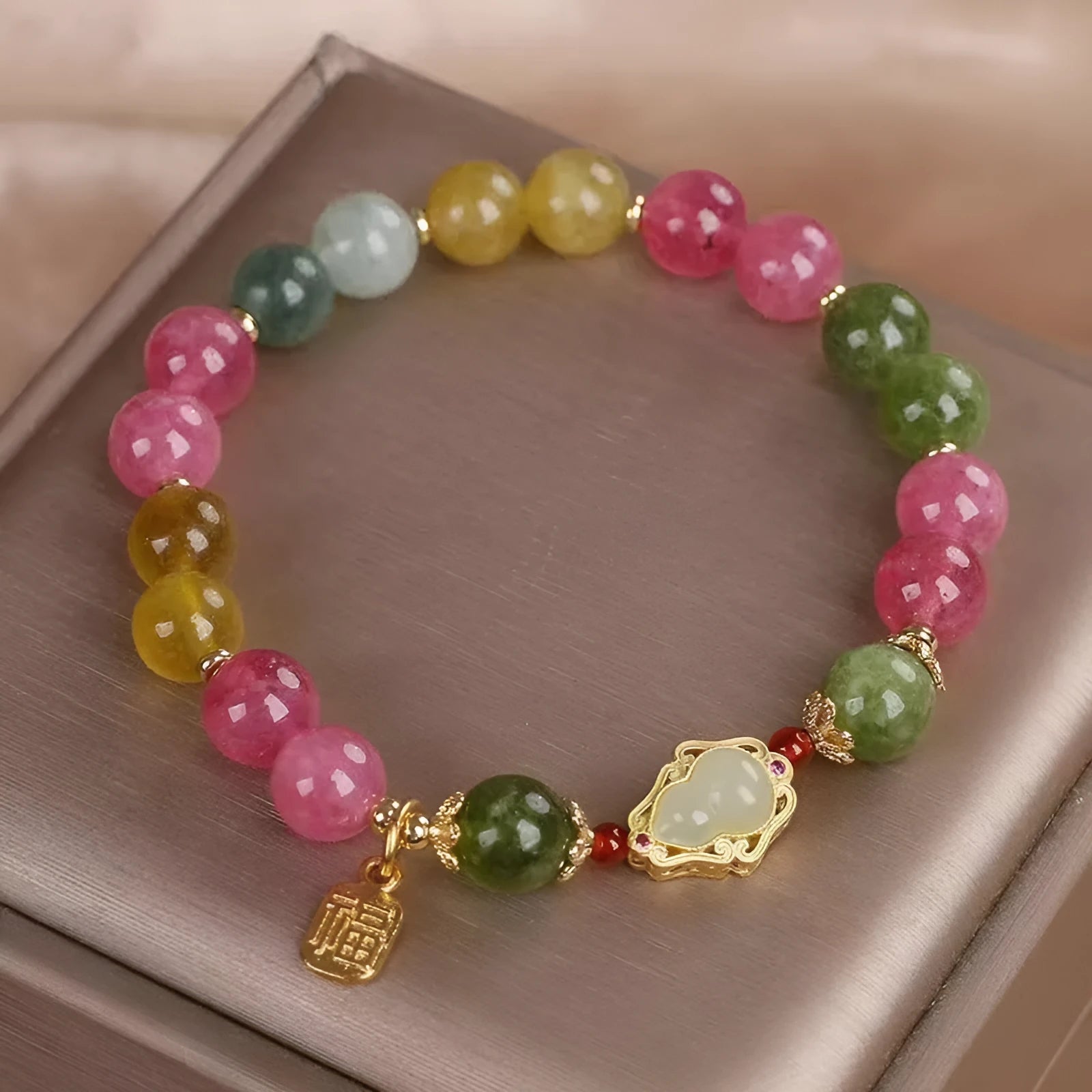 Colourful tourmaline gourd blessing card bracelet for women with electroplated finish