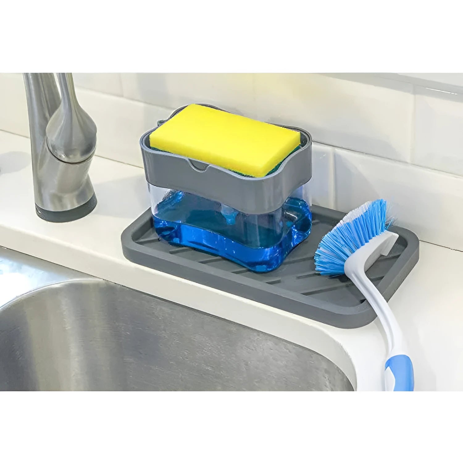 Grey plastic kitchen soap dispenser with push-action mechanism measuring 14.5cm wide