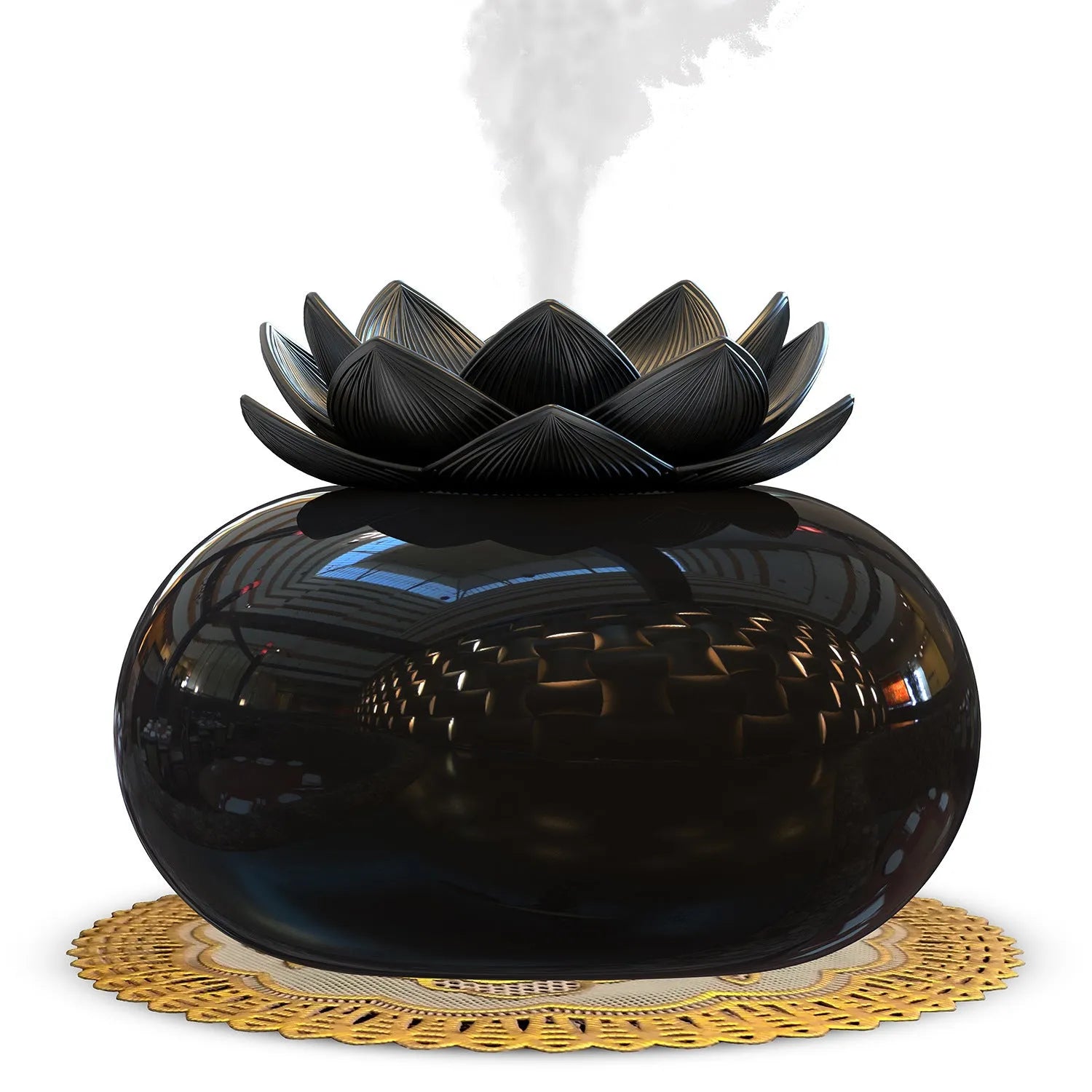 Pure black round ultrasonic aromatherapy humidifier with USB cable for power.
