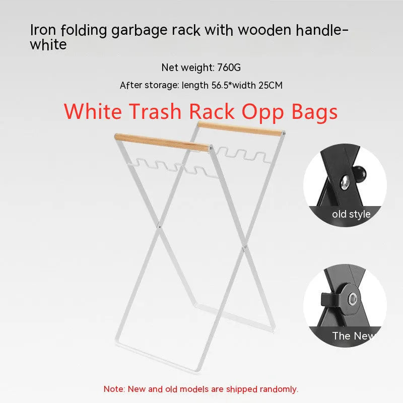 Black outdoor wooden handle wrought iron folding trash rack with two hooks for waste bags or boxes