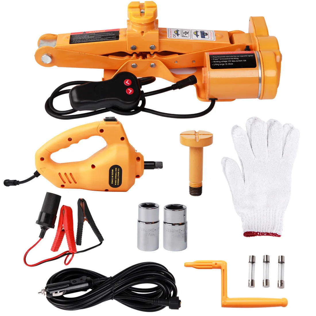 Yellow electric car jack set with steel construction and electric wrench for tyre changes