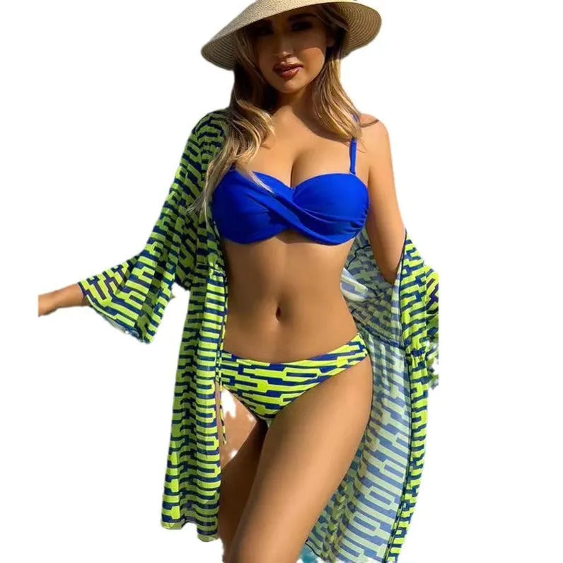 Women's striped three-piece swimsuit with mesh jacket in blue, polyester fabric, sizes S to XL