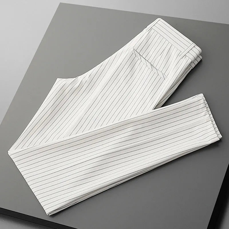 Men's striped casual suit pants with loose drape fitting in multiple colour and style options