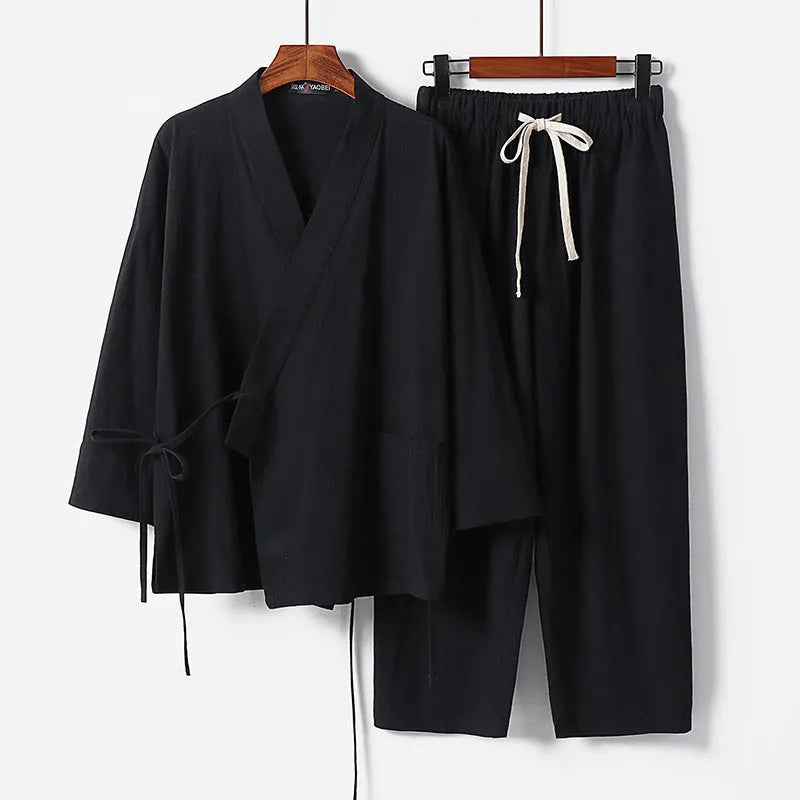 Women's cardigan hanfu two-piece suit in cotton linen blend, shown in apricot colour