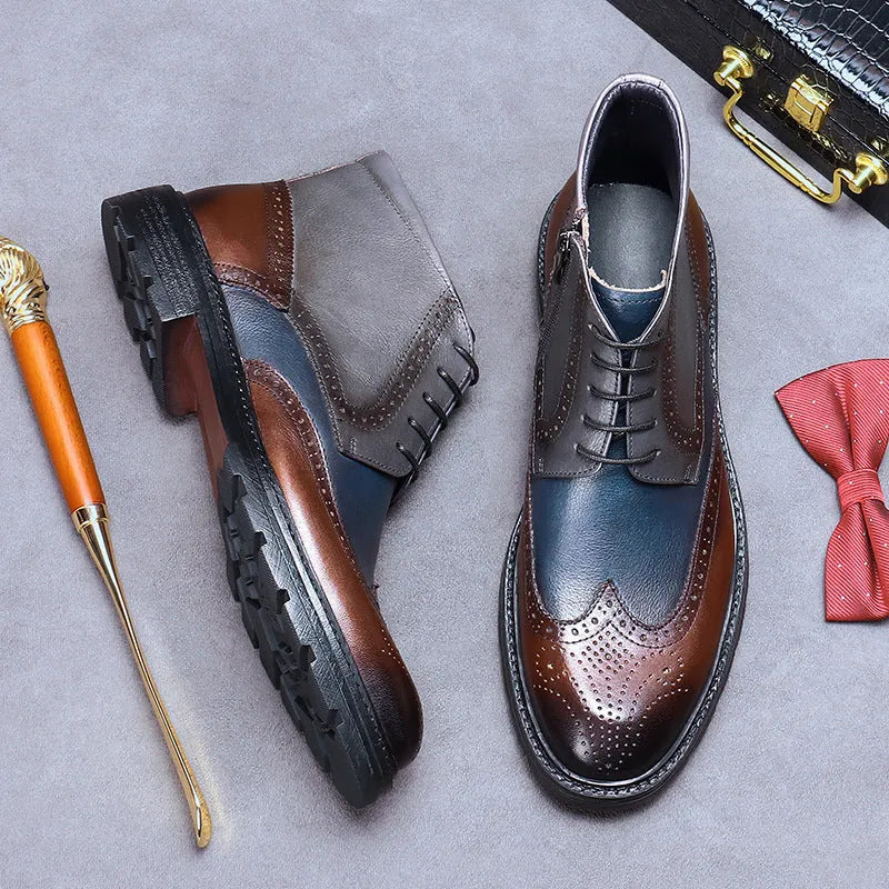Men's curry blue leather brogue boots with front lacing and a low square heel