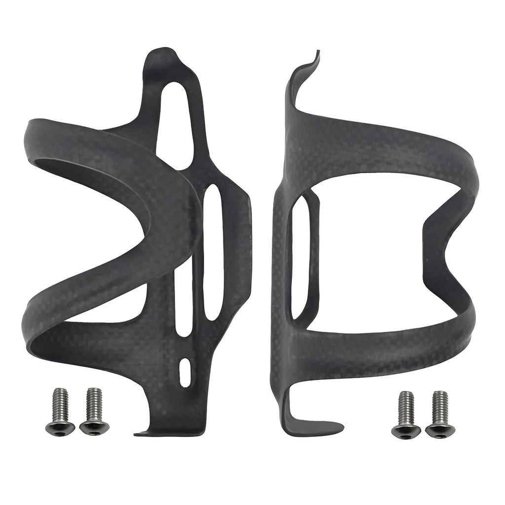 Black carbon fibre side pull water bottle cage for bicycles with 65mm mounting hole spacing