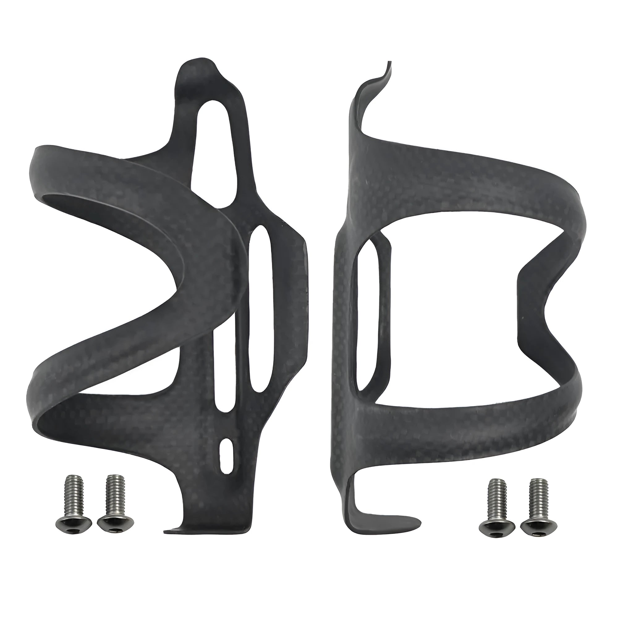 Black carbon fibre side pull water bottle cage for bicycles with 65mm mounting hole spacing
