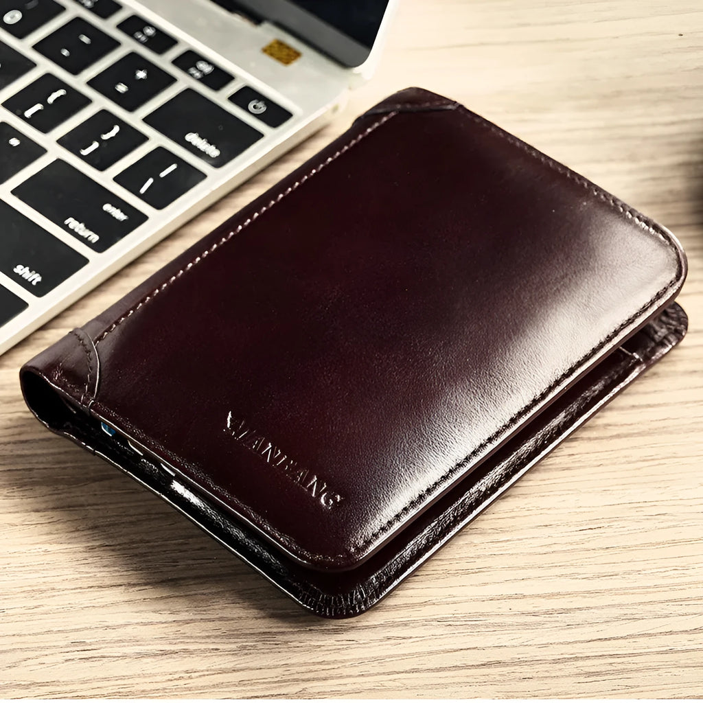 Men's black leather bifold wallet open to show card slots, coin pocket, and photo window.