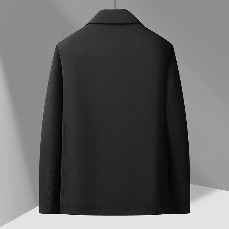 Men's business casual button-down lapel jacket in navy blue, slim fit, wrinkle-resistant, with long sleeves and side pockets.