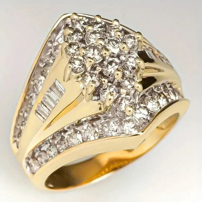Gold electroplated copper heavy industry ring with geometric palace style design on finger