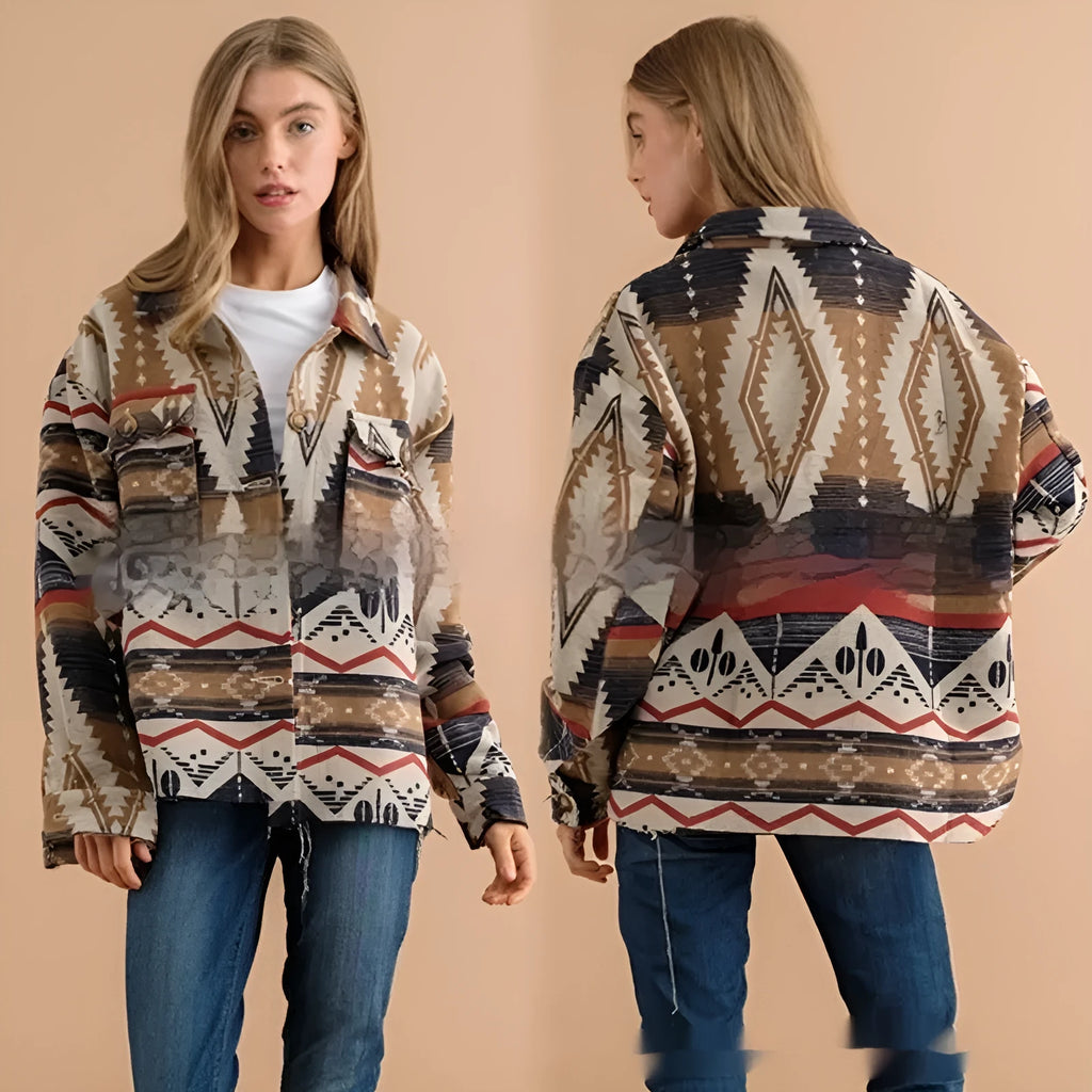 Women's Aztec print wool retro jacket in sapphire blue with loose fit and long sleeves