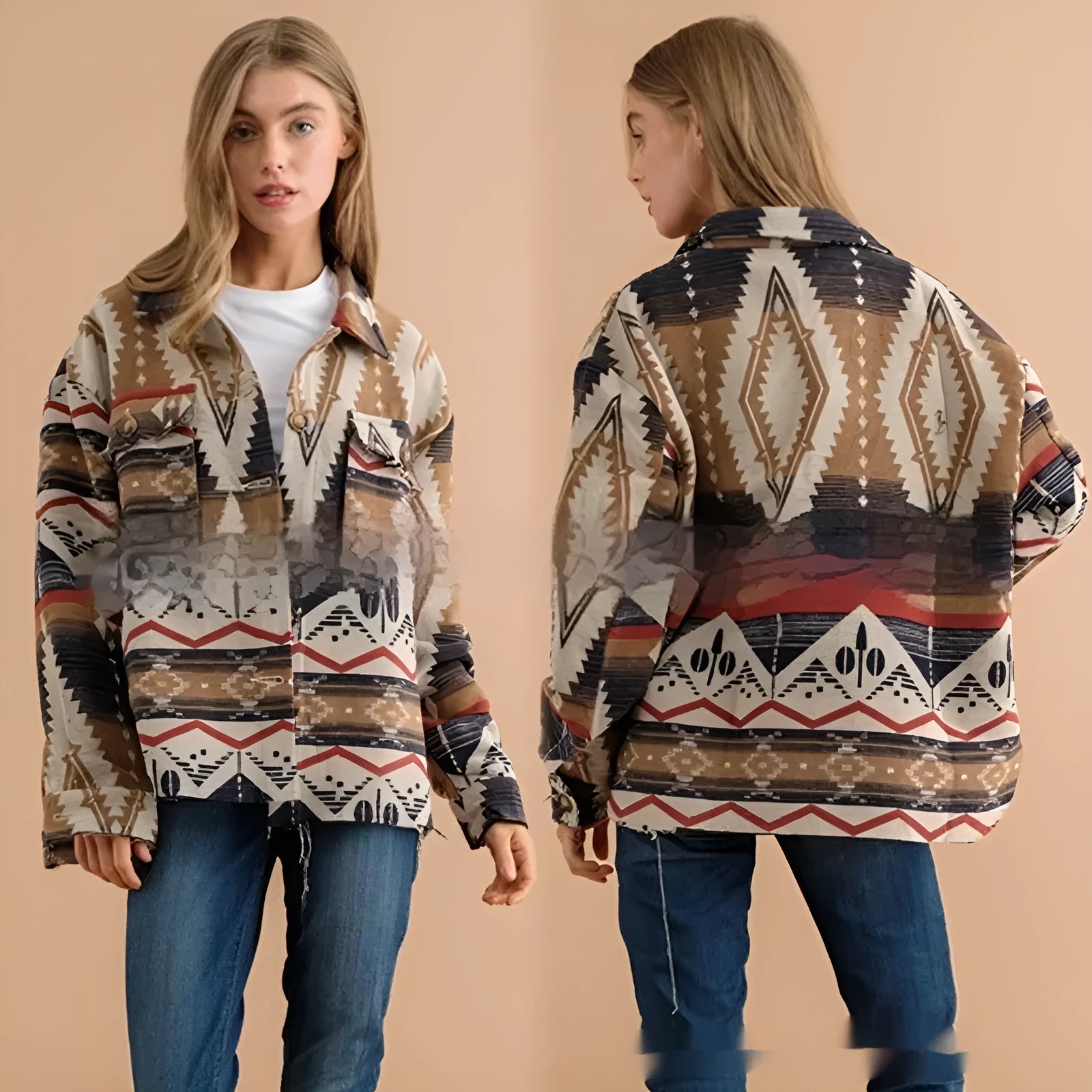 Women's Aztec print wool retro jacket in sapphire blue with loose fit and long sleeves