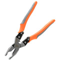Orange-handled multi-function wire cutter pliers with chrome steel clamp head on a work surface