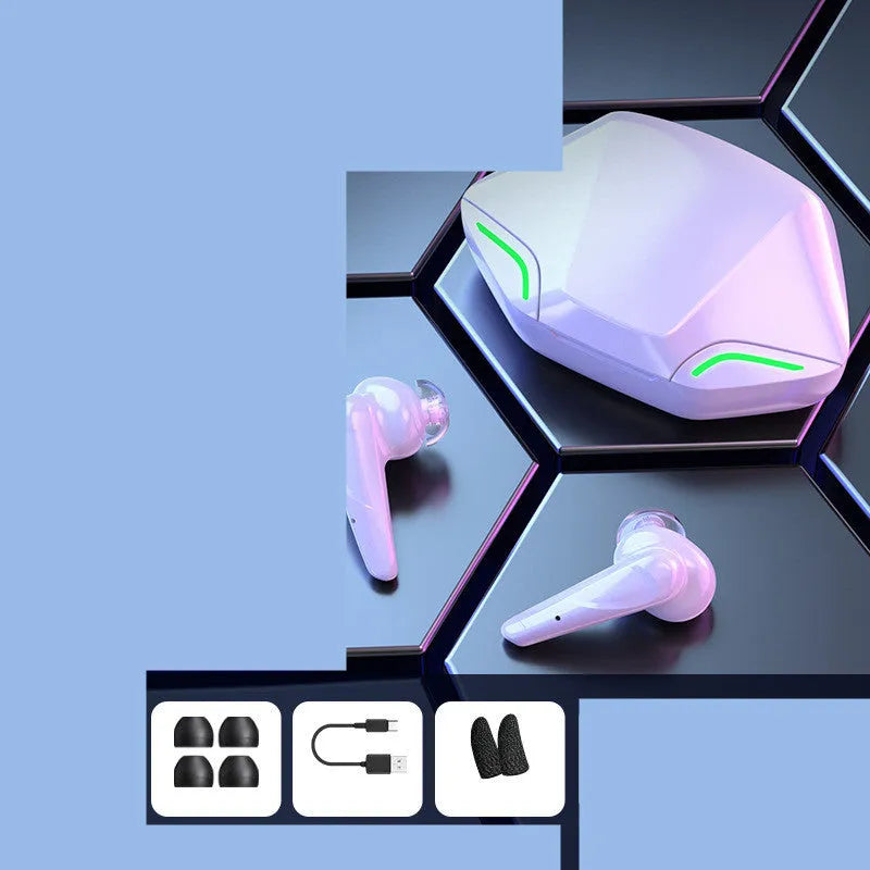 Wireless Bluetooth single-ear gaming headset with USB charging cabin in black, shown alongside spare caps.