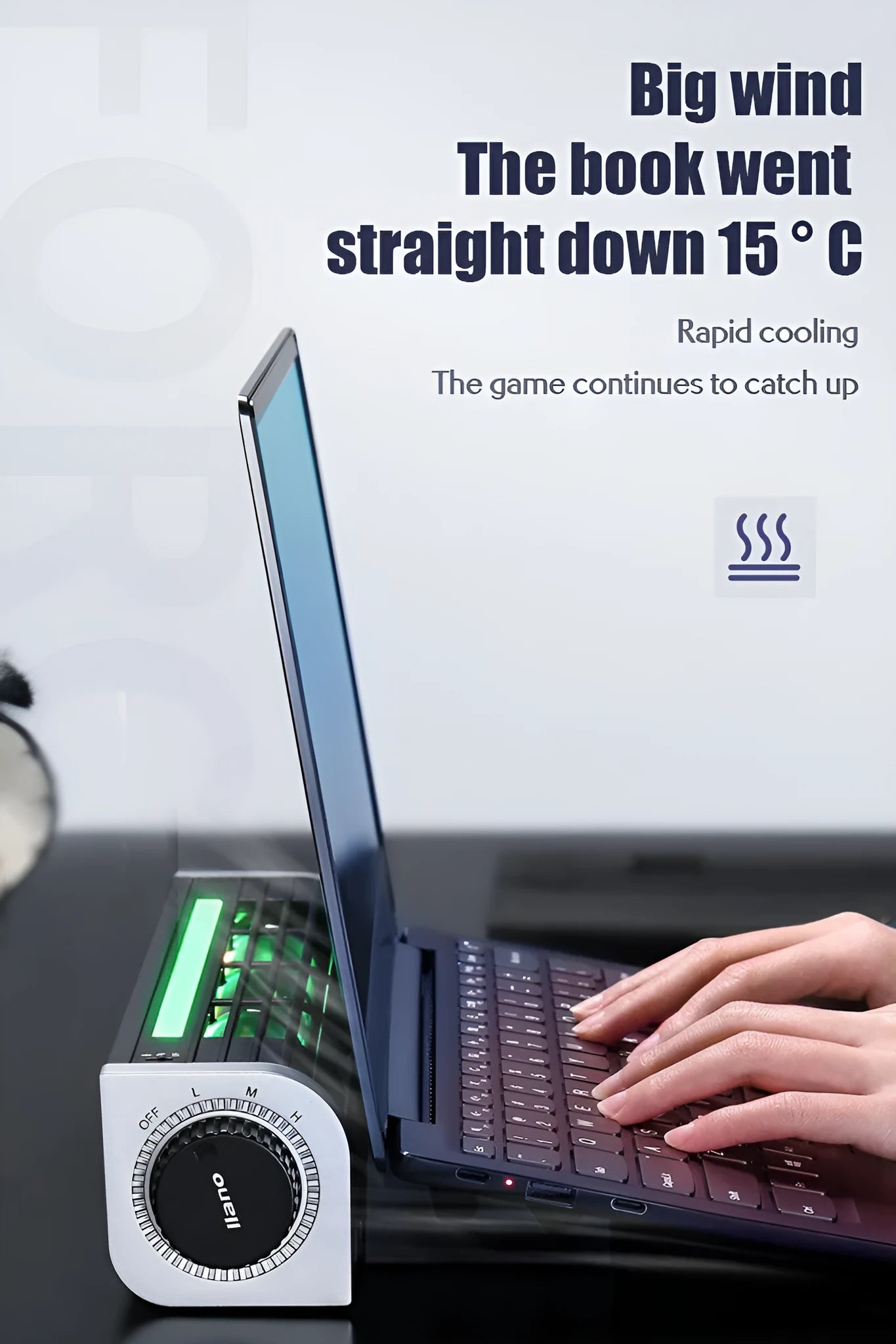 Black notebook cooling pad with integrated fan, shown supporting a laptop.