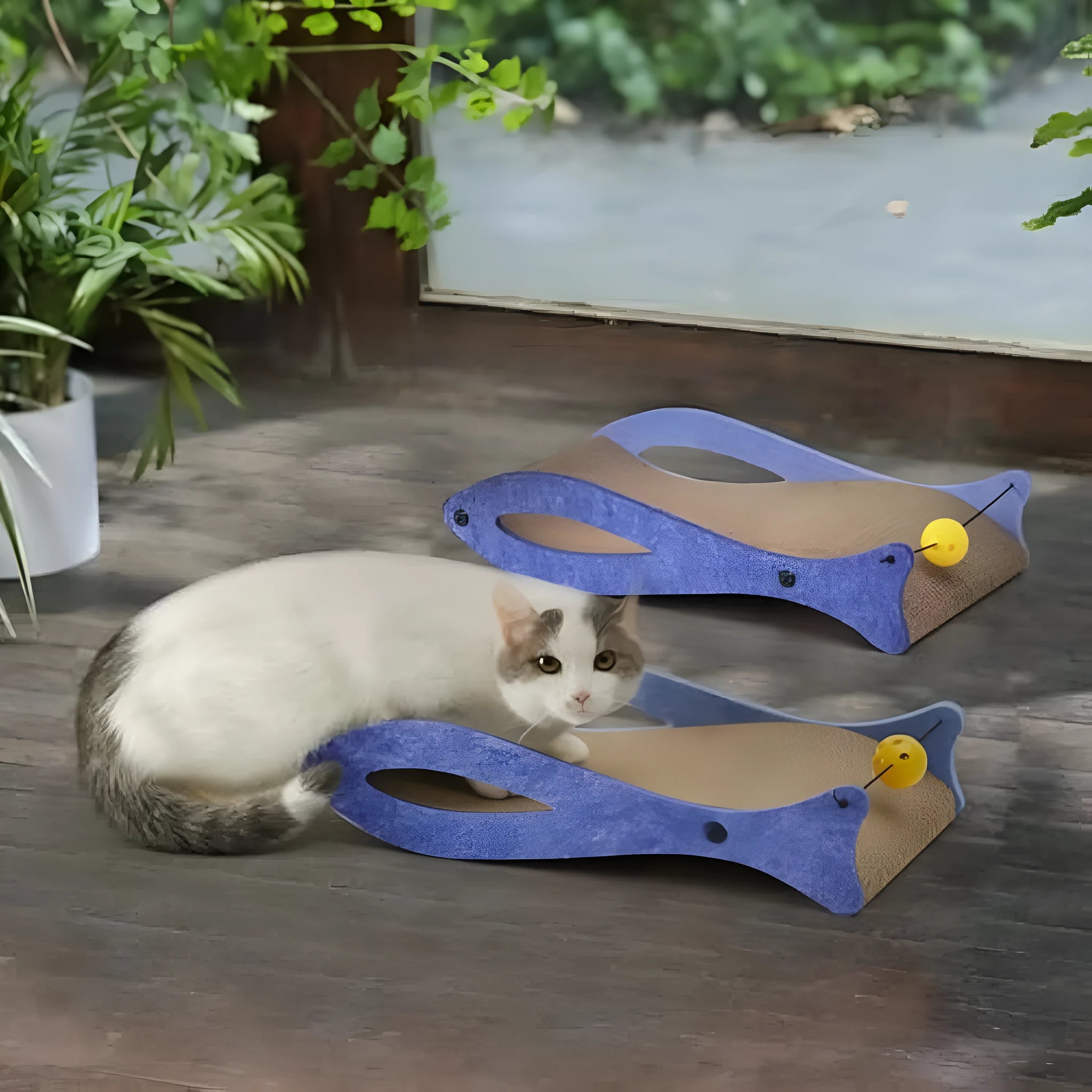 Blue fish-shaped cat scratcher lounge with bell ball toy on elastic cord