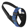 Adjustable reflective dog muzzle in blue, shown on a large dog model, with straps and nose-guard visible.