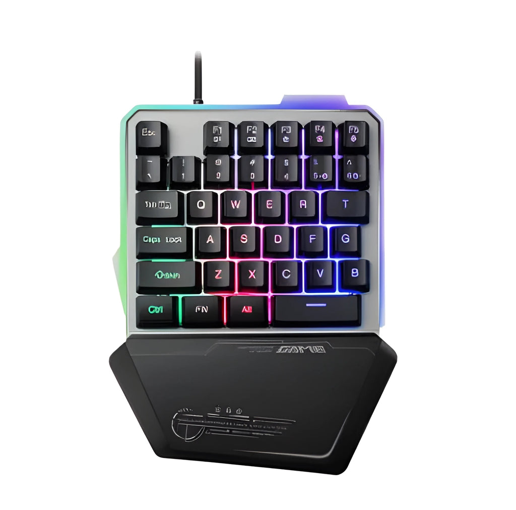 G40 black one-handed mechanical gaming keyboard with RGB backlit keys and a USB cable.