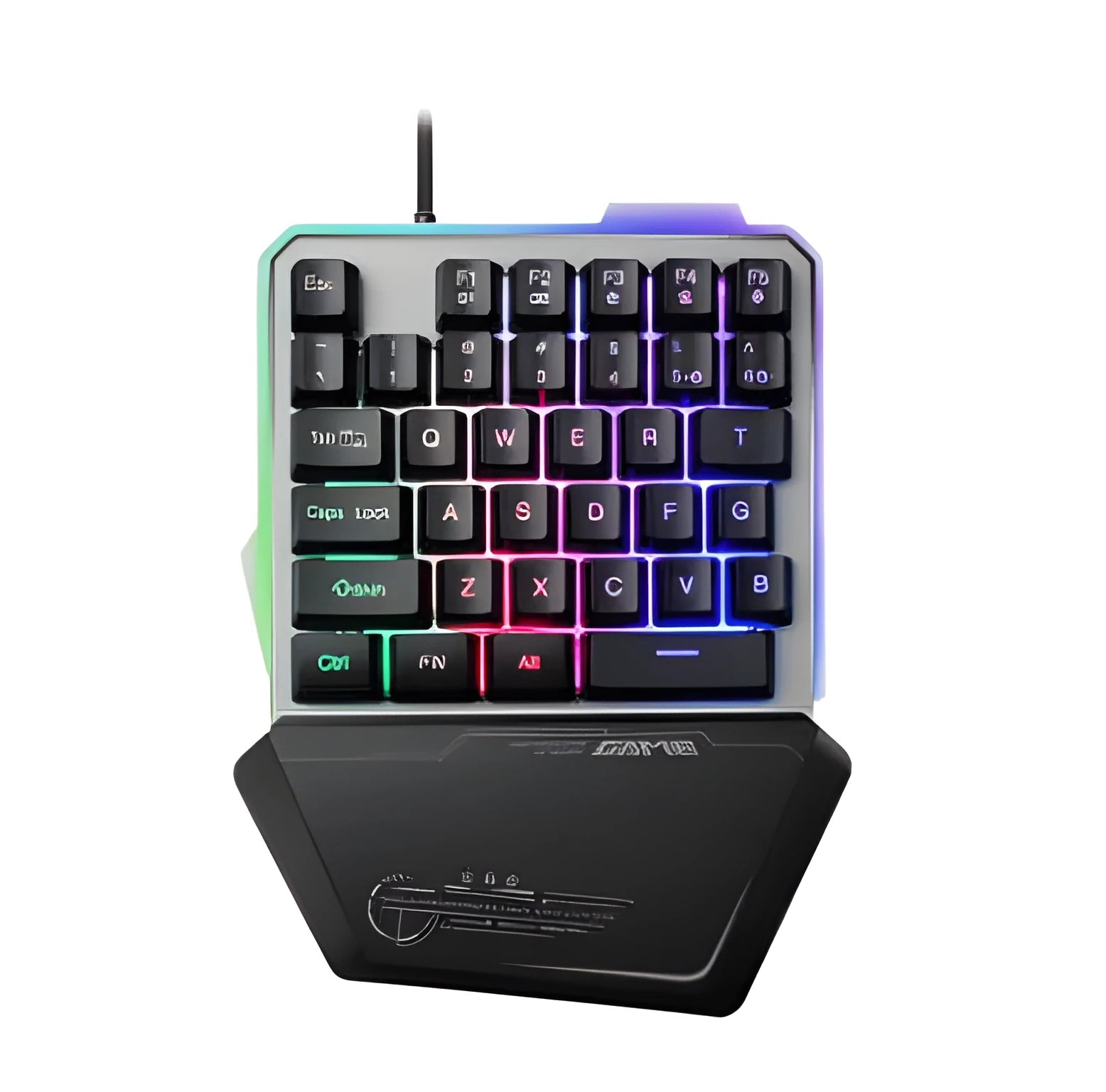 G40 black one-handed mechanical gaming keyboard with RGB backlit keys and a USB cable.