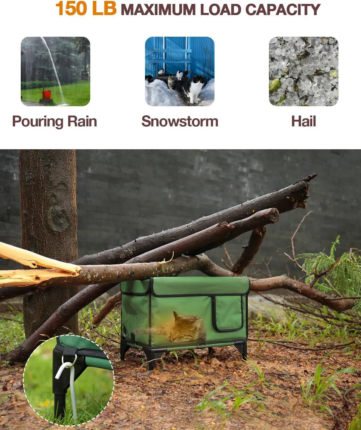 Green foldable cloth cat cage with insulation, shown outdoors.