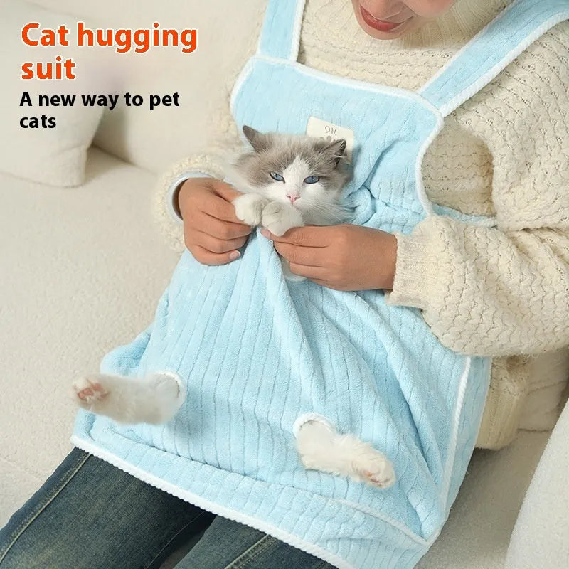 Cat petting apron in multiple colour options including pink, light blue, and striped patterns for grooming protection