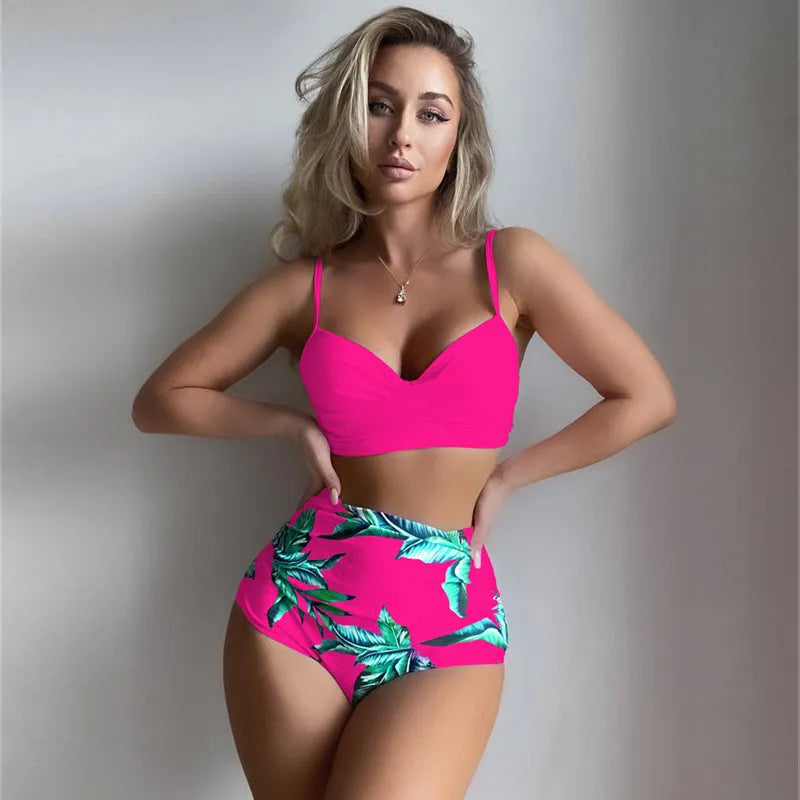 Yellow high-waisted bikini set with steel bracket push-up bra and floral print split briefs.