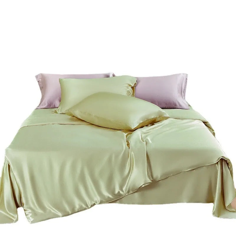 Double-sided silk duvet cover showing Lotus Pink, pea green, bright brown, mysterious purple, white, and silver blue colour options