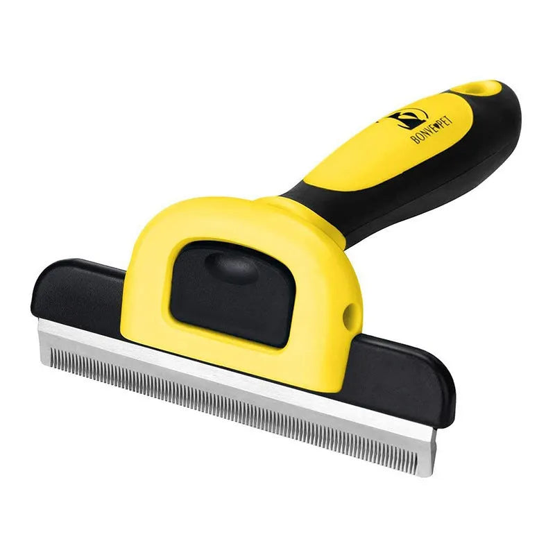Blue or yellow dog grooming comb with stainless steel untangling blades and plastic handle