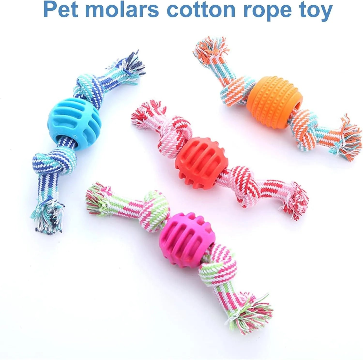 Blue silicone dog chew toy with woven cotton ropes in molar stick design