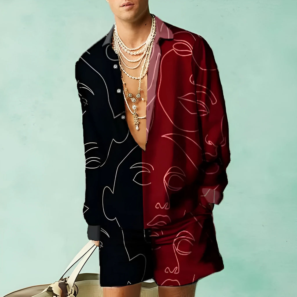 Casual slim-fit long sleeve shirt and matching shorts set on a hanger.